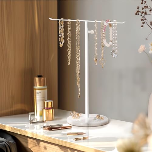 White Necklace Holder Jewelry Organizer Stand – Adjustable Height T‑Bar Jewelry Display with White Marble Base, Necklace & Bracelet Holder, Countertop Jewelry Tree - color: White