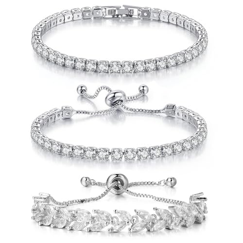 3PCS Tennis Bracelets for Women Set - Stackable Gold & Silver Plated Brass - Round & Marquise Cubic Zirconia - Adjustable & Foldover Clasp - Elegant Jewelry Gift for Her, Mom, Wife, Girlfriend - color: Silver - 3PCS Bracelet Set