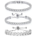 3PCS Tennis Bracelets for Women Set - Stackable Gold & Silver Plated Brass - Round & Marquise Cubic Zirconia - Adjustable & Foldover Clasp - Elegant Jewelry Gift for Her, Mom, Wife, Girlfriend - color: Silver - 3PCS Bracelet Set