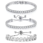 3PCS Tennis Bracelets for Women Set - Stackable Gold & Silver Plated Brass - Round & Marquise Cubic Zirconia - Adjustable & Foldover Clasp - Elegant Jewelry Gift for Her, Mom, Wife, Girlfriend - color: Silver - 3PCS Bracelet Set