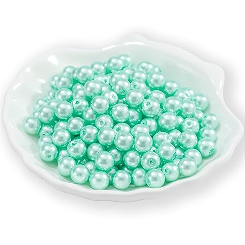 200Pcs Glass Pearl Beads Faux Pearls Round Czech Tiny Satin Luster Spacer Loose Beads Bulk with Holes Handcrafted for DIY Bracelets Jewelry Making Crafts Supplies (6MM, Aquamarine Blue) - color: Aquamarine Blue, size: 6MM