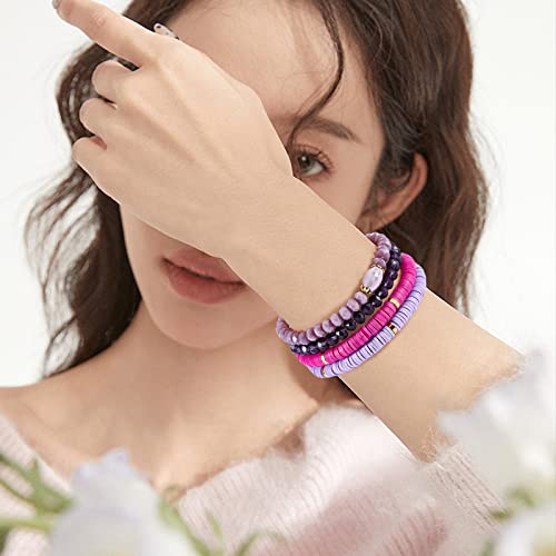 Ornaland 7Pcs Handmade Polymer Clay Heishi Surfer Stretch Bracelets Set Colorful Glass Beads Bracelets Boho Stackable Preppy Bracelets Wrist Jewelry for Women - color: Purple