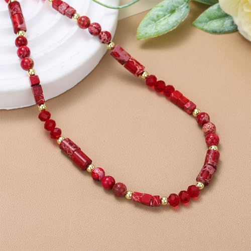 Elisheva Natural Stone Choker Necklace for Women, Boho Natural Emperor Jasper Stone Lace Agate Beaded Crystal Necklace, Gemstone Jewelry Gift for Her - style: red emperor stone choker