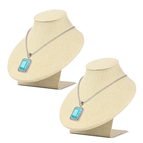 Flexzion Necklace Bust Display Stand (2Pack) - 7 Inch 3D Mannequin Beige Linen Necklace Display Holder for Home, Boutique & Trade Shows - Jewelry Display for Selling Necklace, Pendants, Lockets - size: Short (2 Pack)