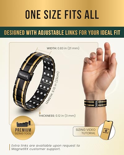 MagnetRX® 3X Strength Titanium Magnetic Bracelet – Magnetic Bracelets for Men – Premium Fold-Over Clasp and Adjustable Length with Sizing Tool (Black/Gold) - color: Black/Gold (3X Strength)