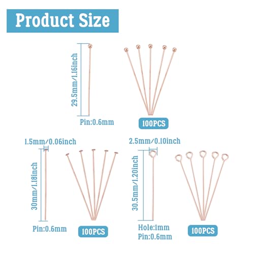 Craftdady 300pcs Rose Gold Flat Head Pins Ball Head Pins Open Eye Pins Metal Wire Headpins Set for Craft Jewelry Making (29.5-30mm) - color: Rose Gold, Eye Pins Kit
