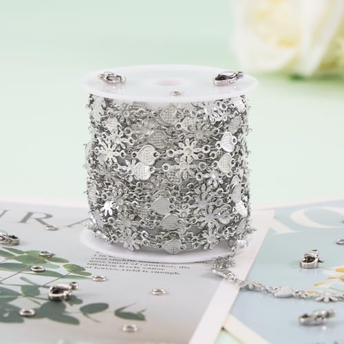 KYUNHOO Beautiful Daisy Flower Chain Roll 13 Feet Embossed Heart Chains for Jewelry Making Stainless Steel Silver Jewelry Supplies for DIY Handcrafts - color: FLower Silver