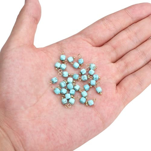 Beadia Natural Faceted Cube Stone Charms 4mm 30pcs with Untarnish Metal Accessories Loose Square Beads for DIY Jewelry Making - color: Blue Turquoise