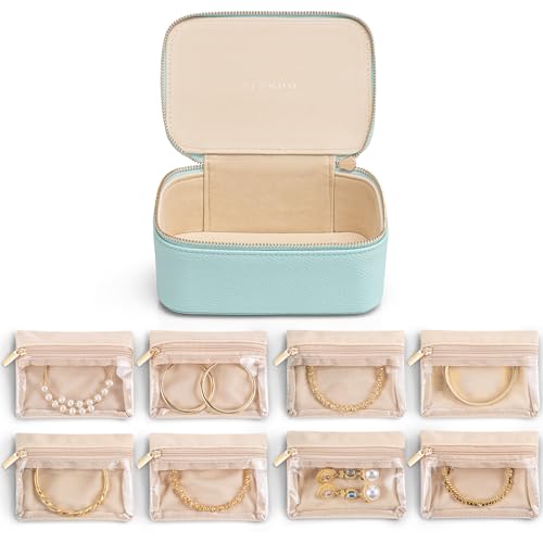 VLANDO Jewelry Travel Organizer with 8 Velvet Jewelry Bags Travel Jewelry Storage Box Jewelry Case for Necklace Rings Earrings Trendy Christmas Birthday Graduate Gifts for Women-Lake Blue - color: 8PCS-Lake Blue