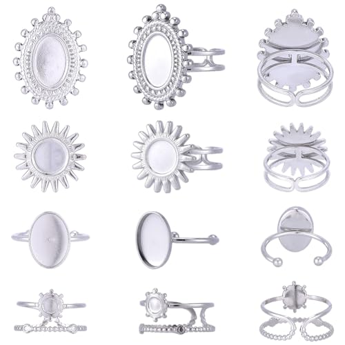 SUNNYCLUE 1 Box 16Pcs Stainless Steel Bezel Cabochon Ring Base Metal Antique Round Adjustable Prong Ring Blank Tray Setting Components for Jewelry Making Kits DIY Supplies Women Adult - style: Ring 4