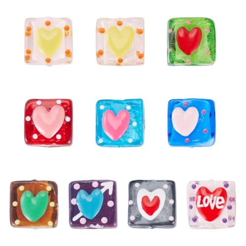Beadthoven 10pcs Heart Lampwork Glass Beads 10 Colors Flat Square Glass Beads Colorful Bumpy Heart Bead Spacers for DIY Jewelry Making Bracelets Necklace Earrings Mixed Color - color: Square with Heart