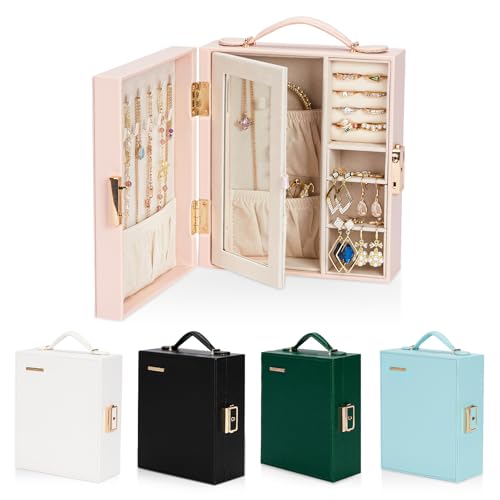 Enthralite Large Travel Jewelry Case: Portable Necklace Box with Mirror - PU Leather & Velvet Lined Jewelry Organizer for Ring Earring Bangle Bracelets Watch - Birthday Gift for Her - color: Light Pink
