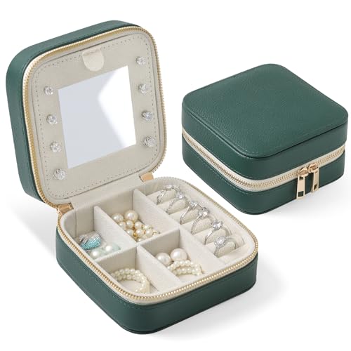 Genuine Leather Travel Jewelry Organizer Case with Mirror for Women, Small Mini Portable Jewelry Box for Ring Earrings Necklace Bracelet Luxury Gift for Women（Dark Green） - color: Lychee Grain Leather Forest Green