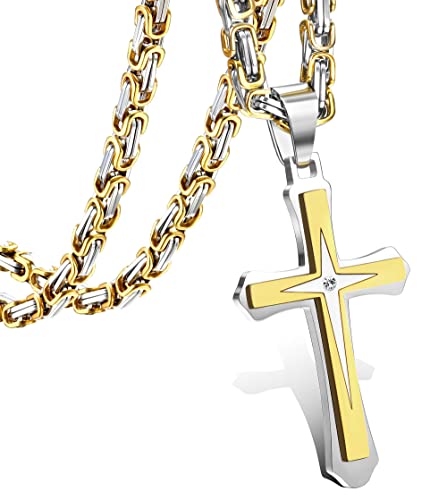 LOLIAS Black 14K Gold Plated 𝐂𝐫𝐨𝐬𝐬 𝐍𝐞𝐜𝐤𝐥𝐚𝐜𝐞 for Men Stainless Steel 𝐁𝐲𝐳𝐚𝐧𝐭𝐢𝐧𝐞 Chain With Cross Pendant Necklace 𝐌𝐞𝐧𝐬 𝐆𝐢𝐟𝐭 22-30Inch - color: Gold plated necklace with pendant, size: 28IN