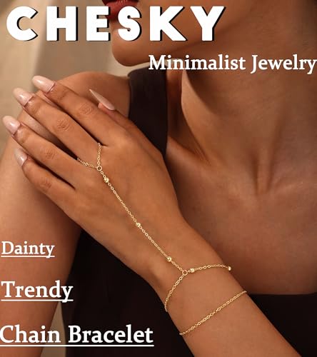 CHESKY 14K Gold Plated Hand Chain Bracelets for Women Set - Dainty Finger Ring Bracelet Stack Adjustable Hand Chains Durable Beaded Bracelets Trendy Simple Body Jewelry Gift for Women - style: 2tennis bead bracelet-gd