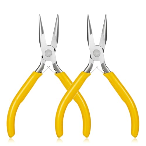 Mini Needle Nose Pliers Set, 2Pcs Needle Nosepliers for Jewelry Making, Yellow Jewelry Chain Nose Plier, Small Craft Plier with Smooth Jaw and Comfort Grip Handle for Wire Bending Object Graspi - color: Yellow