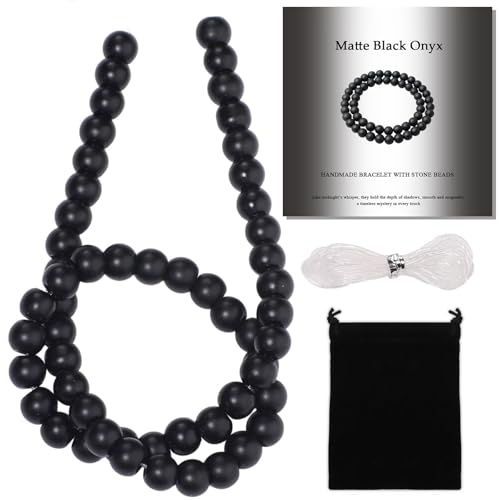 Stone Beads, 45pcs Matte Black Onyx, 8mm Round Loose Beads for Jewelry Making, Bracelets, with Bag, String & Card - color: Matte Black Onyx, size: 8mm