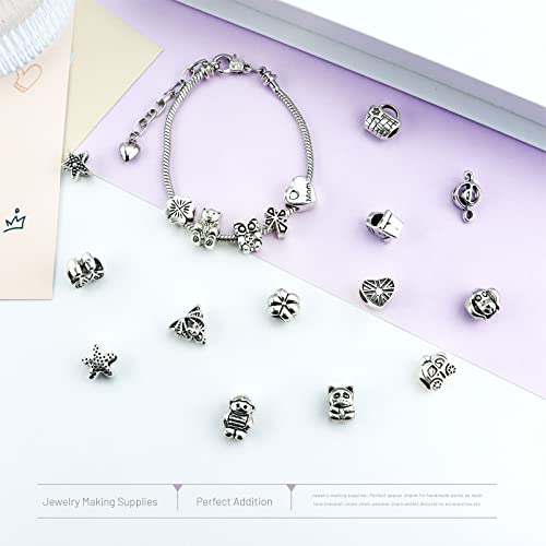 JIALEEY Wholesale Bulk Mix Tibetan Silver Tone Color Spacer Loose Beads Fit European Charm Bracelet Lot for Jewelry Making Findings DIY, 100Gram/38 Pcs