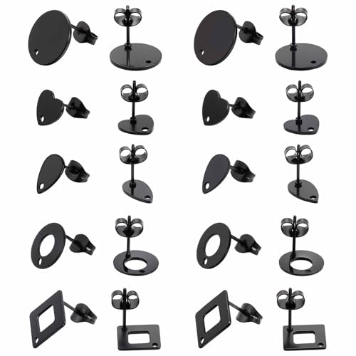 SUNNYCLUE 1 Box 30Pcs 5 Style Black Earring Posts Stainless Steel Earring Post Ear Stud with Loop Metal Earring Studs Flat Round Stud Earrings Ear Nuts for Earrings Jewelry Making DIY Women Crafts - color: 15 Pairs Black Earring Posts Findings