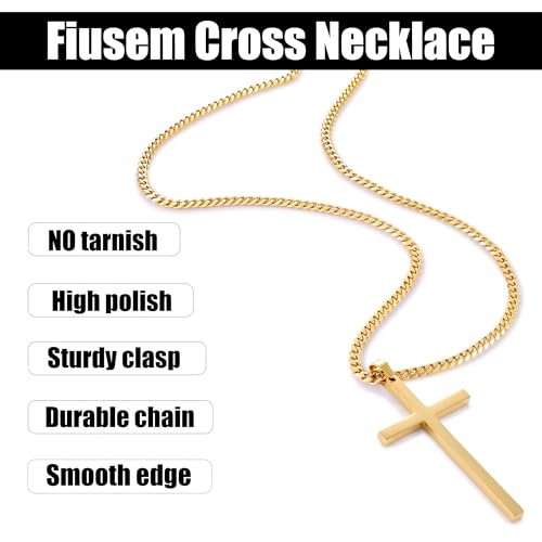 Fiusem Easter Basket Stuffers Cross Necklace for Men and Women, 14K Gold Plated Mens Cross Necklaces with 3.5mm Cuban Chain, Stainless Steel Pendant Chain 16-24 Inches - size: 18 Inches, style: Big gold cross:2.1"*1.2"