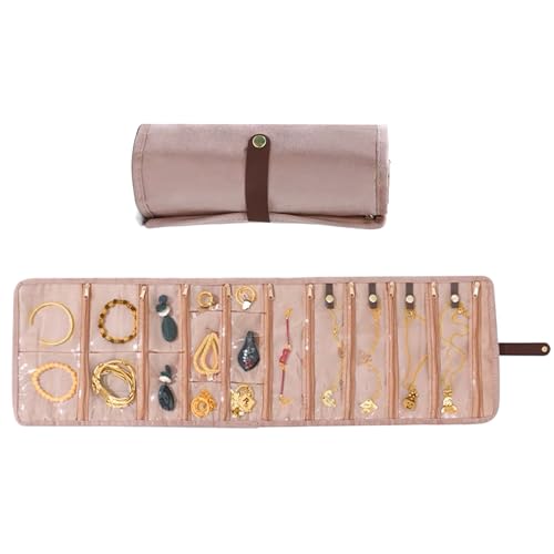 Portable Jewelry Roll Bag, Foldable Travel Jewelry Organizer Case with Zippered Pockets, Jewelry Storage, Roll Up Jewelry Organizer Bag for Journey Rings, Necklaces, Earrings, Bracelet(Milk tea brown) - color: Milk tea brown