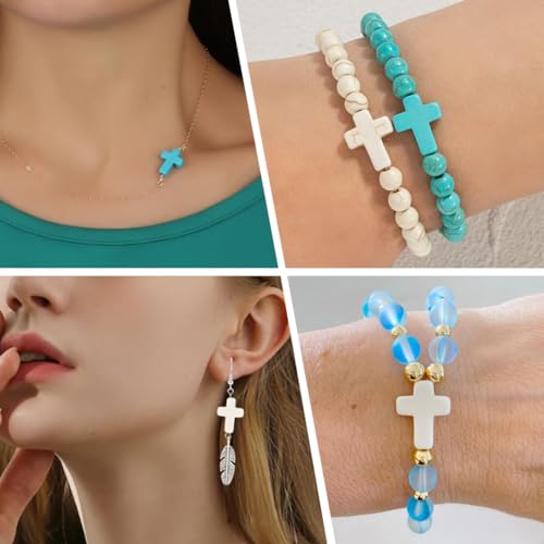 SUNNYCLUE 1 Box 100Pcs Cross Beads Bulk White Blue Synthetic Turquoise Stone Beads Easter Holiday Pocket Crosses 16x12mm Mini Small Loose Spacer Cross Beads for Jewelry Making DIY Beading Supplies - color: 100pcs 12x16mm White Blue Cross Beads
