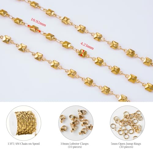 KYUNHOO 13 Feet Solid Square Links Craft Jewelry Bulk Gold Plated Necklace Chain Spool Stainless Steel Jewelry Making Chains with Lobster Clasps and Jump Rings - color: Square Gold