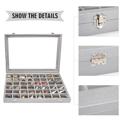 Siveit Jewelry Tray Organizer Box 48 Grid Jewelry Display Organizer Box with Transparent Lid Rings Earrings Necklaces Pendants Display Box Suitable for Women and Girls (48 Grid, Silver Grey) - color: Grey