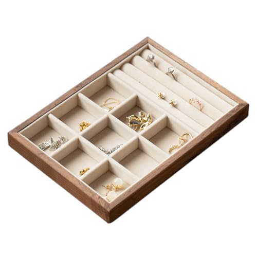 9 Grid +3 Line Black Walnut Wooden Jewelry Tray Organizer with Velvet Lining - Premium Jewelry Storage for Rings, Earrings, Brooches, LuxuryJewelry Drawer Organizer & Display Tray - color: 9grid+3 Line