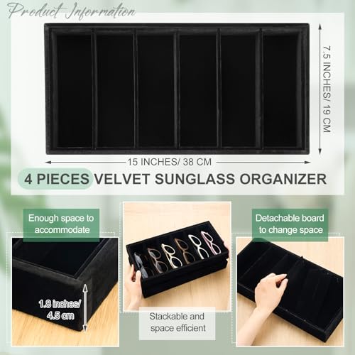 Juexica 4 Pcs Velvet Sunglasses Organizer Tray 6 Grid Sunglass Organizer Velvet Tray Stackable Glasses Display Case for Women Glasses Jewelry Display Watch (Black) - color: Black