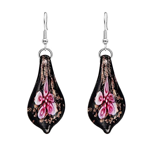 Glass Water Drop Shape Glaze Spiral Dangle Earrings Lampwork Handmade Glass Bead Geometric Earrings for Women Jewelry - color: Flower Pink