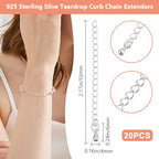 Beebeecraft 1 Box 20Pcs Bracelet Extender Chains Bulk 925 Sterling Silver Plated Brass Metal Tear Drop Charm Extension Curb Chains Tails for Jewelry Making Necklaces Bracelets DIY Crafts Supplies - color: Silver-teardrop