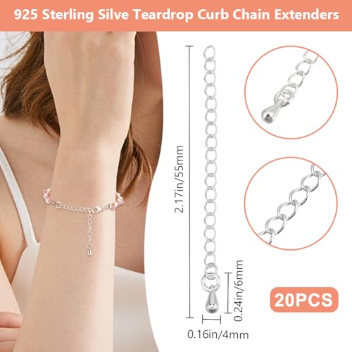 Beebeecraft 1 Box 20Pcs Bracelet Extender Chains Bulk 925 Sterling Silver Plated Brass Metal Tear Drop Charm Extension Curb Chains Tails for Jewelry Making Necklaces Bracelets DIY Crafts Supplies - color: Silver-teardrop