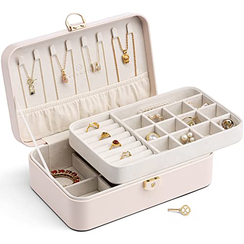 Vlando 2-Layer Jewelry Box,Valentines Day Gifts for Her Jewelry Organizer for Women Removable Jewelry Tray for Earrings Necklace,Gift Ideas,Birthday Graduation Gifts Apricot Pink - color: 01.Apricot Pink