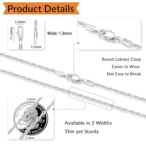 Italian Solid 14K Gold Plated 925 Sterling Silver Chain Necklace for Women, 1.5mm & 2.5mm Dainty Non Tarnish & Hypoallergenic Rope Chain Women's Chain Necklaces 16 18 20 22 24 26 Inch - color: 1.5mm White Gold, size: 18 Inch (Women's Average Length)