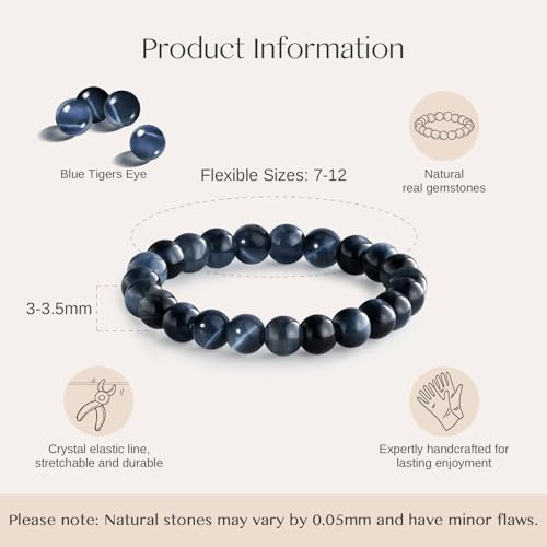 NLIEO Natural Gemstone Stretch Beaded Rings for Women Stackable Dainty Elastic Crystal Rings Jewelry - style: Blue Tigers Eye