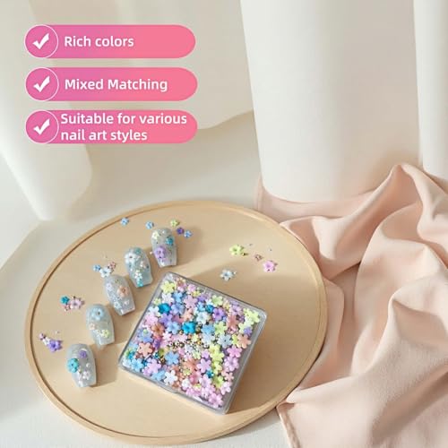 250-300 Pieces 3D Nail Art Flowers Flat Back Charms, Mixed Colors, 0.12-0.24 Inch Mix Color Petals with Gold Beads & White Pearls, DIY Nail Gems Rhinestones (Colorful Five Petals)