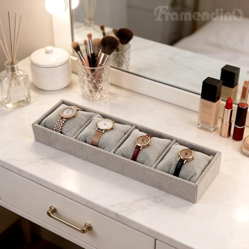 Framendino, 4 Slots Velvet Tray Jewelry Organizer with Pillow for Display Bracelet Watch Grey