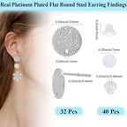 Beebeecraft 1 Box 32Pcs Flat Round Earring Studs for Jewelry Making Platinum Plated Brass Frosted Surface Round Earring Posts with Loop Hole and 40Pcs Plastic Ear Nut for DIY Ear Crafts Supplies - color: Silver
