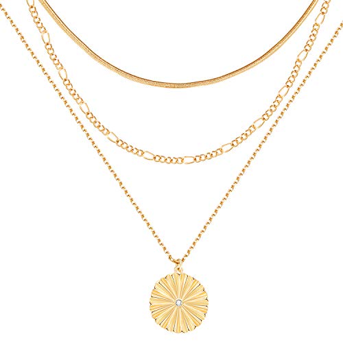 LANE WOODS Gold Plated Necklaces for Women - Multilayer Coin Medallion Pendant Necklace Adjustable Layering Choker Necklaces Chain Set Jewelry - style: Sunburst-Gold
