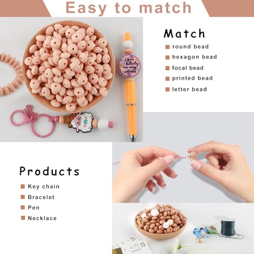 Sunrony 200Pcs Silicone Lentil Beads for Keychain Making, Bulk 12mm Silicone Abacus Spacer Beads for Necklace Bracelet Making Pens(Peach) - color: H-Peach