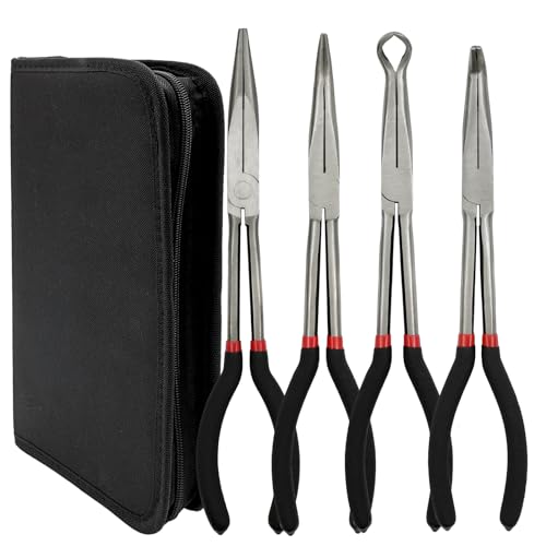 4 Pack 11" Long Nose Pliers Set with Portable Bag, Insulated Grip - Straight Needle Nose, 45/90 Degree Angle Curved & Circle Tools for Wire Bending, Shaping, Trimming - size: 4pcs With Bag
