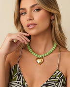Gold Heart Pendant Necklaces for Women Colorful Acrylic Resin Beaded Choker Necklace Fashion Chunky Statement Beaded Heart Necklace - color: Green