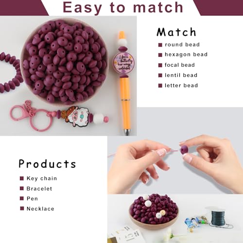 Sunrony 200Pcs Silicone Lentil Beads for Keychain Making, Bulk 12mm Silicone Abacus Spacer Beads for Necklace Bracelet Making Pens(Wine Red) - color: G-Wine red