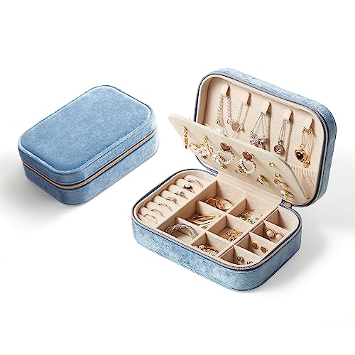 CASEGRACE Plush Velvet Travel Jewelry Box, Portable Jewelry Case for Women Girls, Double Layer Jewelry Organizer Display Box for Necklace Earring Rings Bracelet, Travel Accessory Gifts, blue - color: Light Blue, size: Velvet