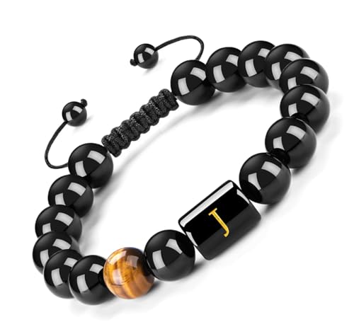 FRG Initials Bracelets for Men Letter Link Handmade Natural Black Onyx Tiger Eye Stone Beads Braided Rope Meaningful Bracelet - style: Braided rope-J