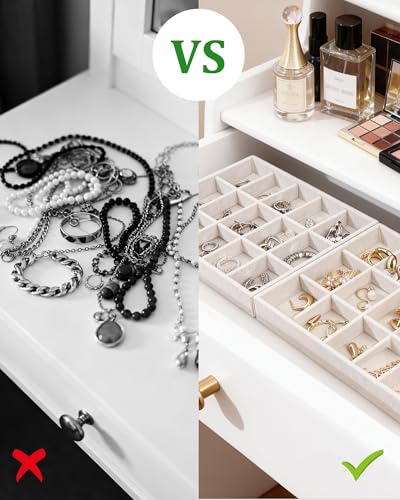 Stackable Jewelry Organizer Trays with Removable Dividers, 2-Tray Beige Jewelry Drawer Organizer Set for Earrings, Necklaces, Rings & Bracelets Gift for Her