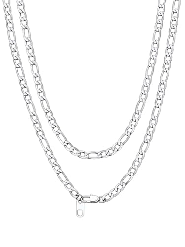 Bandmax Stainless Steel Figaro Chain Necklaces for Men Women, Silver/Gold/Black 4MM/6MM/9MM Flat Italian Style Figaro Link Chains Length 14"-30", Gift Packed - color: 01 4MM-Silver, size: 30 Inch