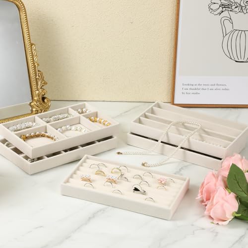 9 Set Velvet Jewelry Drawer Organizer Inserts, Stackable Jewelry Organizer Trays with Removable Dividers, Jewelrys Storage Display Tray, for Earring Ring Necklace Watch Bracelet, Beige
