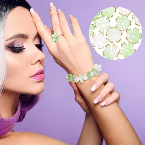 100pcs Cherry Blossom Beads, 5-Petal Light Green Gradient Acrylic Flower Beads, Mini Spacer Hair Accessories Halloween Christmas for Bracelets Earring Jewelry Making - color: Light Green